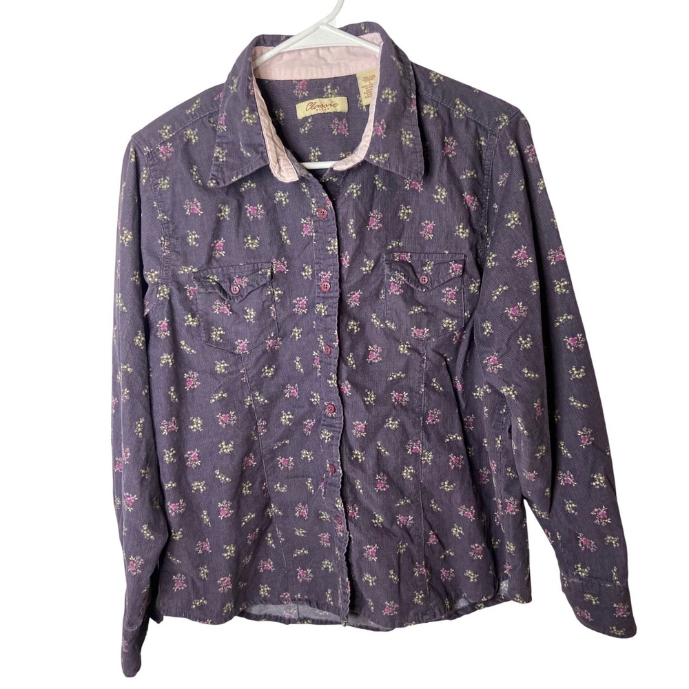 Classic Blues Purple Floral Corduroy Button Down‎ Shirt Womens Large Long Sleeve